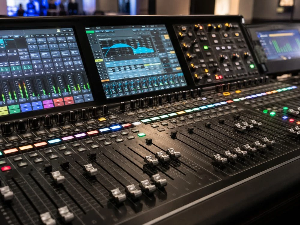 Mixage audio live – Console numérique en régie, faders et écrans de contrôle allumés pendant un événement