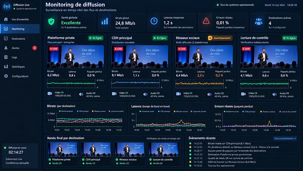 Live-stream monitoring – Screens showing bitrate, latency and network status during a broadcast