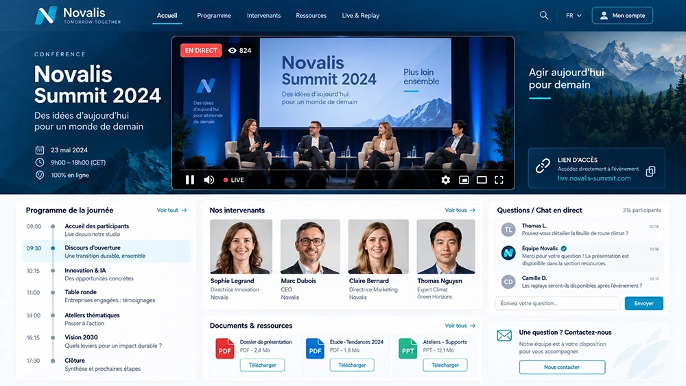 Dedicated streaming platform – Live event page with player, programme, speakers, chat and documents
