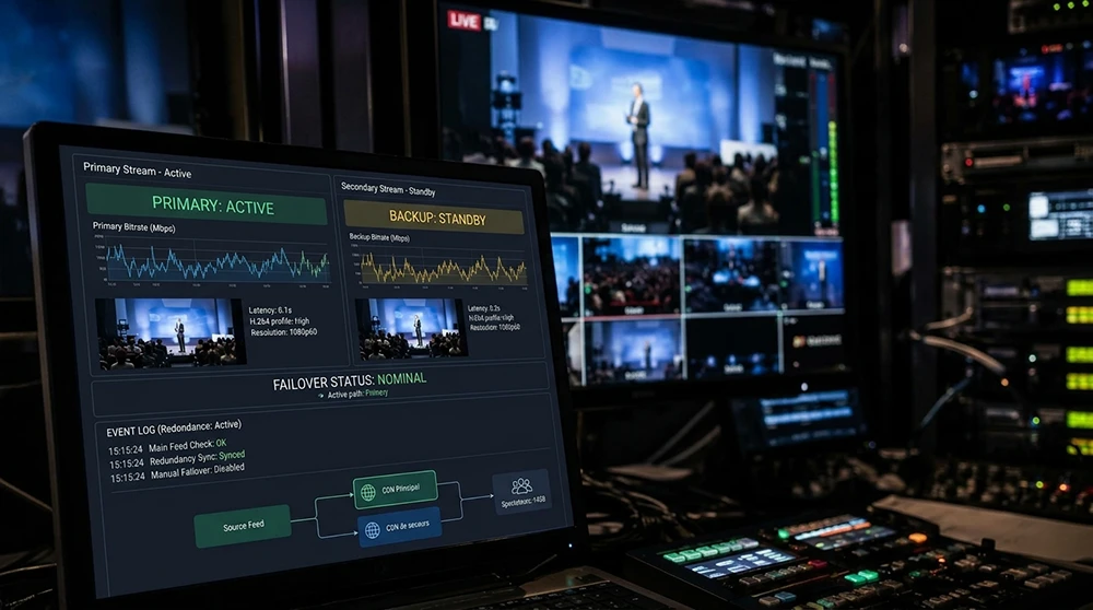 Live-stream redundancy – Technical rack with backup servers and feeds supporting continuity